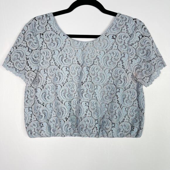 Zara Cropped Lace Short Sleeve Sheer Blouse Top Blue Small Scoop Neck Scoop Back - Picture 1 of 9